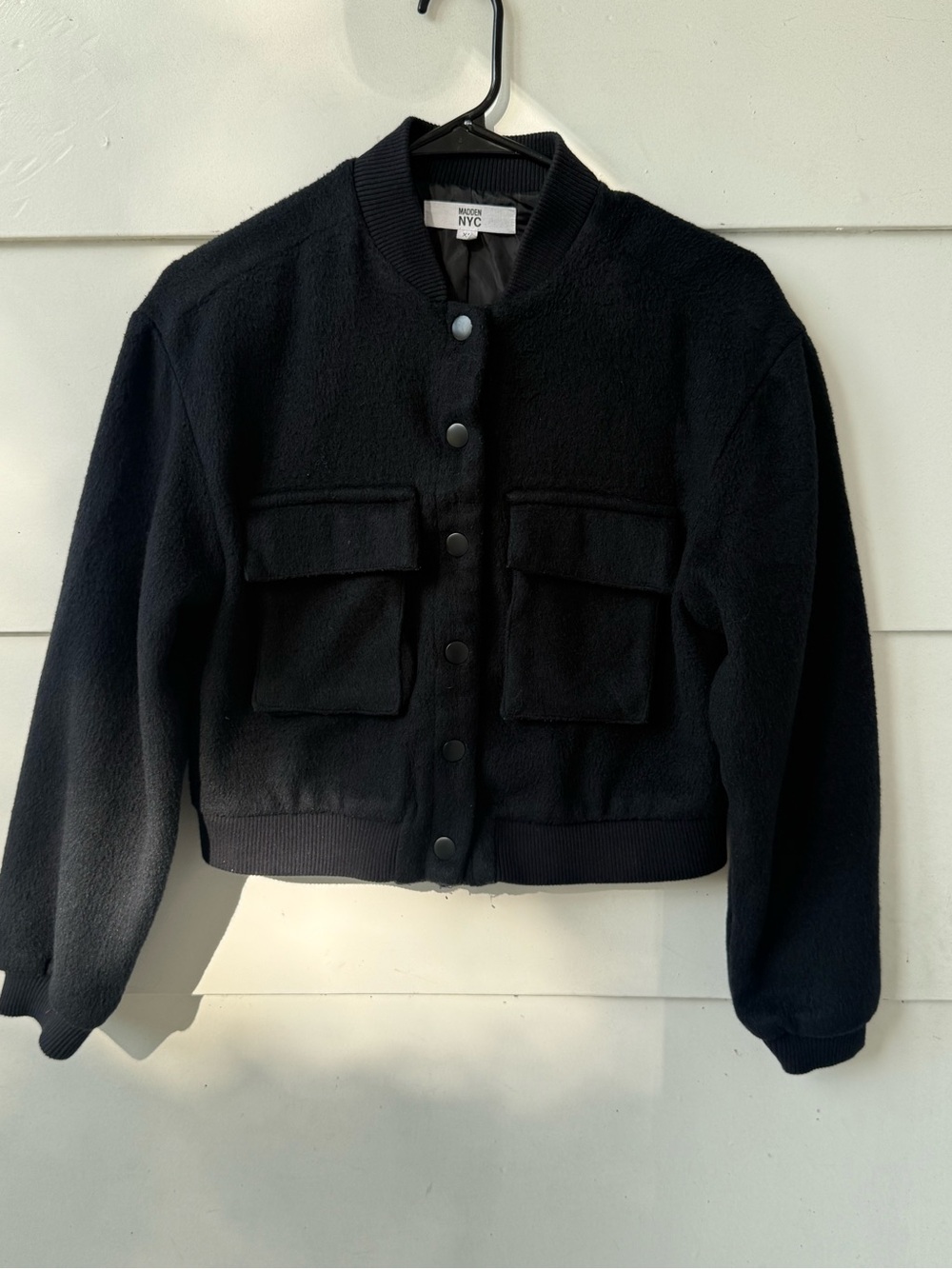 NYC Black Fleece Bomber Jacket with Front Flap Pockets